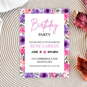 Blush Pink Wildflower Birthday Party Invitation, Meadow Floral Woman&#39;s Birthday Invite, Cottage Floral, Editable Template