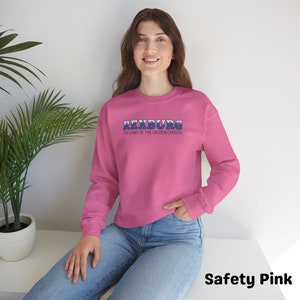 May include: A pink sweatshirt with the text "Rexburg, The Land of the Frozen Chosen" in blue and white lettering.