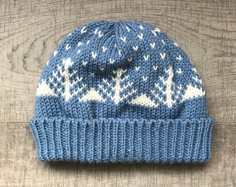 Fair Isle Knit Hat, Handmade Beanie, Bulky Toque, Trees and Snowflake Pattern