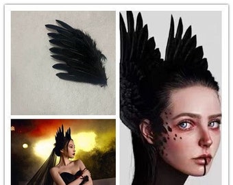 2PCS Gothic Black Real Feather Hair Pins Set, Black Feather Headdress For Custome, Black Feather Headpiece Set