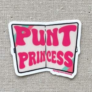 May include: A pink and white sticker with the text "PUNT PRINCESS" in a retro font. The sticker is shaped like a folded book with a pink and green striped design on the cover. The text "@pinkpointclimbing" is at the bottom of the sticker.