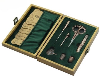 Kit de couture complet de style européen antique avec ensemble de ciseaux à broder vintage - Fournitures de bricolage rétro avec aiguilles et ciseaux