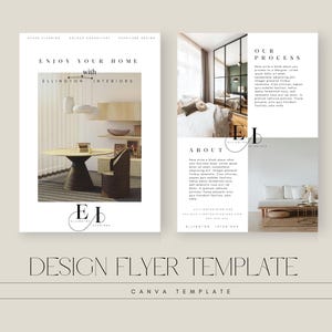 May include: A flyer template for interior design services. The flyer features a black and white logo with the text "ELLINGTON INTERIORS" and the tagline "ENJOY YOUR HOME with ELLINGTON INTERIORS". The flyer also includes images of a living room and a bedroom, along with text about the company's services and process.