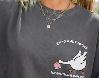T-shirt Romance Reader, T-shirt à poche oie humoristique, couleurs confortables, cadeau pour amoureux des livres, mignon, minimaliste, style bibliothécaire