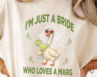 T-shirt « Je suis juste une mariée qui aime les margaritas » - Margaritas et mariage - T-shirt « Oie de la mariée » - Cadeau pour enterrement de vie de jeune fille - T-shirt « Future Mme »
