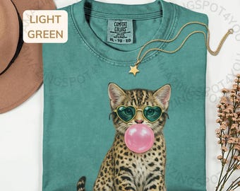 T-shirt chat léopard mignon, T-shirt chat bubblegum, T-shirt humoristique pour amoureux des chats, T-shirt chaton esthétique avec lunettes de soleil, Cadeau tendance à imprimé animal