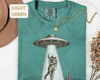 T-shirt chat OVNI western, t-shirt humoristique pour amoureux des chats, enlèvement extraterrestre, cowboy, désert, motif graphique, t-shirt rétro science-fiction, cadeau, couleurs confortables