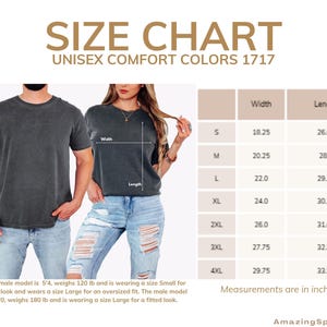 May include: Size chart for unisex comfort colors t-shirts. The chart shows width and length measurements in inches for sizes S through 4XL. The image also shows two models wearing the t-shirts. The female model is 5'4" and the male model is 6'0".