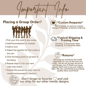 May include: A cream-colored graphic with the text "Important Info" and instructions for placing a group order. Includes details on custom requests, shipping times, and returns. The image also encourages favoriting the shop.