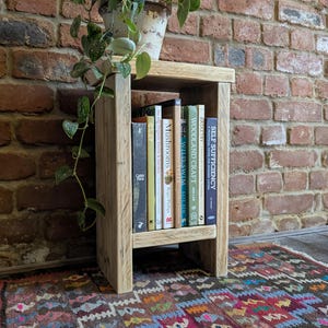 May include: A small, wooden bookshelf with a plant in a pot on top and books inside. The books include titles like "Wild Swim" and "Basketry." The shelf is against a red brick wall and a patterned rug. The shelf is approximately 60 cm tall.