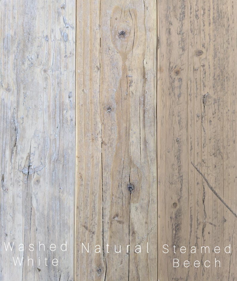 May include: Three vertical wooden planks showing distinct grain patterns and knots. The left plank is labeled Washed White, the center plank is labeled Natural, and the right plank is labeled Steamed Beech, displaying varied light brown and grey tones.