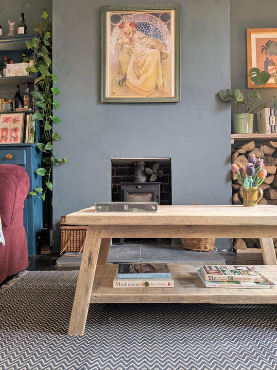 Rustic Wooden Coffee Table – Reclaimed Table with Shelf - Handmade Farmhouse Style