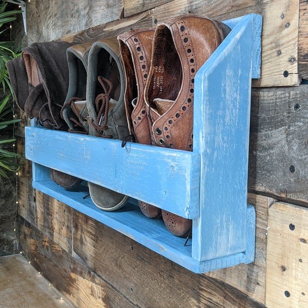 Unique shabby chic floating shoe rack / Rustic shoe storage / Handmade wooden shoe rack
