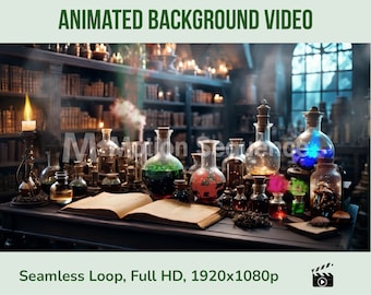 Witch&#39;s Potion, Halloween Night, Cozy Lofi Magic Laboratory, Vtuber background, Animated Stage, Seamless Loop, Zoom Background, Virtual Room
