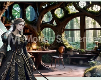 Animated Virtual Background Fantasy Library Enchanted Forest Fairy Tale 4k video Seamless Vtuber Twitch Overlay Stream Sci-Fi Zoom