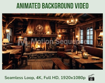 Rustic Tavern, Animation Background, Vintage Cozy Fireplace, Wooden Furniture, Seamless Looping Video Warm Lighting Medieval Interior Vtuber