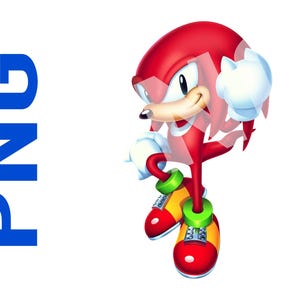 May include: A red cartoon character with a white belly and yellow shoes. The character has a large, white, fluffy tail and is smiling.