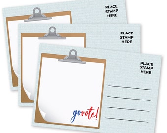 May include: Three blank postcards featuring a clipboard design and the text "go vote!" printed at the bottom. Each postcard has a space for a stamp and an address.