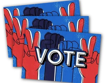 Puede incluir: Tres pegatinas VOTE azules y blancas con manos rojas haciendo el signo de la paz. Las manos están superpuestas.