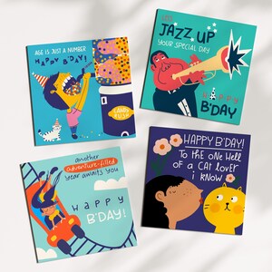 Jeu de 4 cartes d'anniversaire originales et colorées avec enveloppes