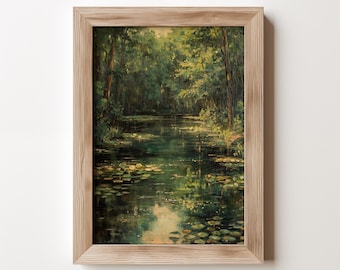 May include: A framed painting of a forest scene with a river flowing through it. The river is covered in lily pads and the trees are green and lush. The painting is in a light wood frame.