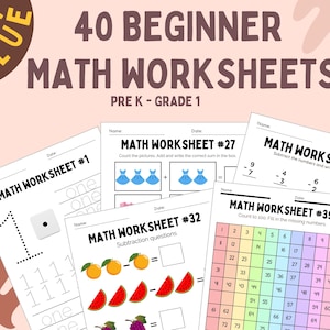 40 Beginner Math Worksheets Value Bundle | Pre K to Grade 1 | Counting | Addition and Subtraction | Printable Math Worksheets | Elementary