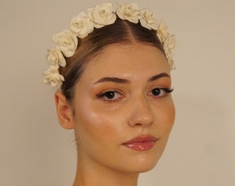 Flower Tiara, Cold Porcelain Tiara, White Crown, Handmade  Wedding, Engagement Bridal Hair Accessory