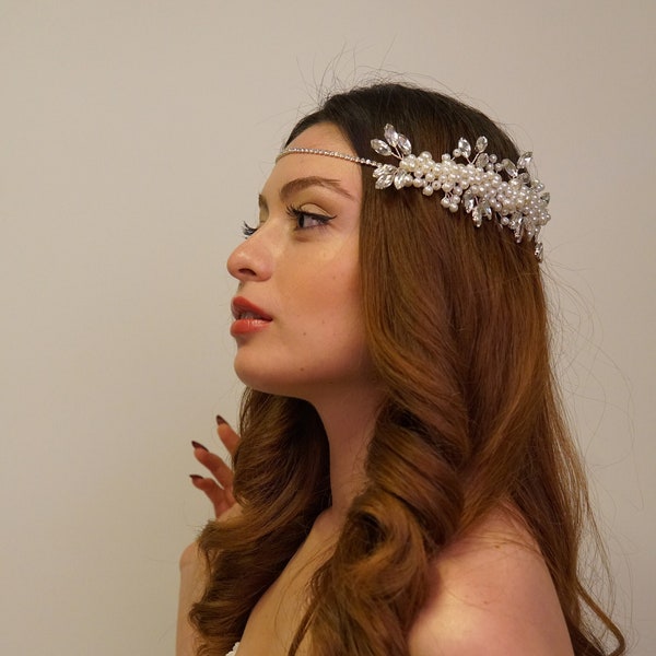 Pearl and Shiny Stone Bridal Tiara, Exquisite Wedding Photo Shoot Headpiece, Romantic Bridal Accessory, Forehead Chain, Wedding Gift Idea