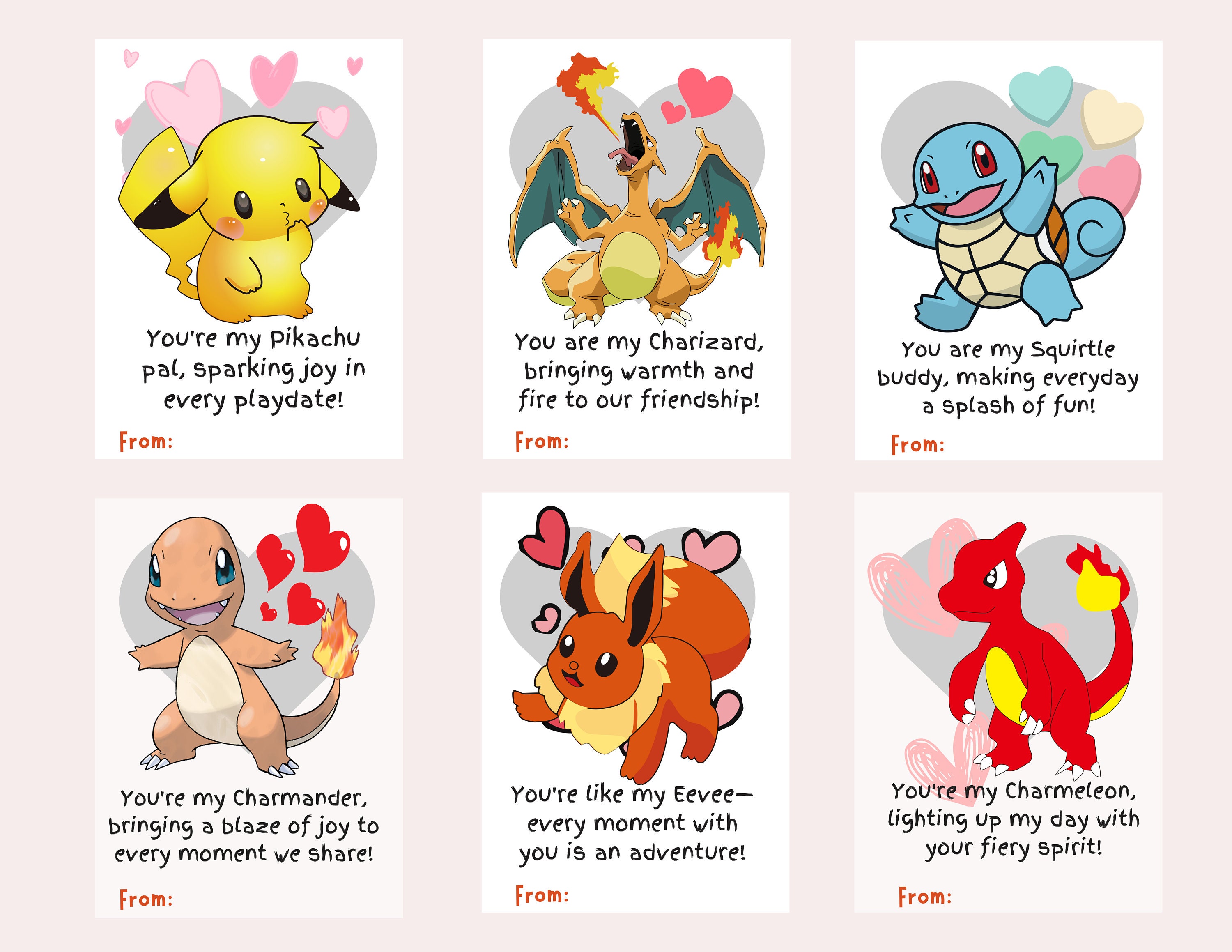 Valentine Card Set Pokemon Classroom Valentine Kids Eevee Charmander ...