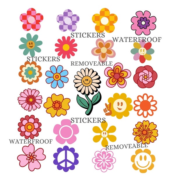 3x3" Waterproof flower stickers, colorful flowers, removeable flower stickers, retro flowers, water bottle stickers, groovy flowers stickers