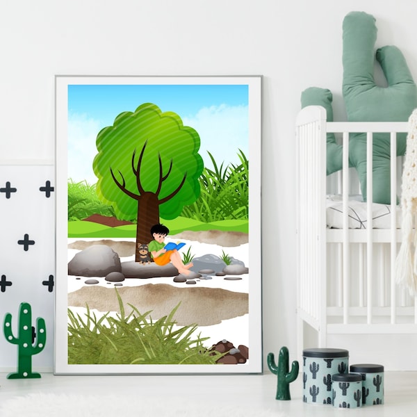 A Boy sitting, a boy sitting under the tree, a boy with his dog, a boy wall art, a boy art print, boy reading a book, boy and his dog