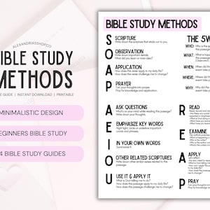 以下が含まれることがあります： 黒色の「Bible Study Methods」というタイトルの白い印刷可能な聖書研究ガイド。 SOAPや5Wなどの方法が含まれており、ピンク色のアクセントとテキストが使用されています。 このガイドは初心者向けです。