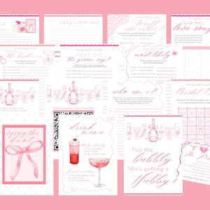 Tying the Knot/Pink Bows Bachelorette Games (15 Templates), Themed Party Bundle, Instant Download, Games, Signs, Art, & Writing Templates