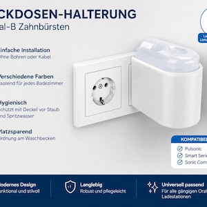 Może przedstawiać: Biały uchwyt ścienny do ładowarek szczoteczek elektrycznych Oral-B. Urządzenie posiada pokrywę ochronną, kompaktową konstrukcję do montażu przy gniazdku oraz tekst informujący o kompatybilności z modelami Pulsonic, Smart Series i Sonic Complete.