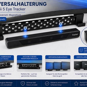 Pode incluir: Um suporte magnético universal preto para o rastreador ocular Tobii 5, com uma estrutura de padrão de favo de mel que se fixa a um monitor. O dispositivo inclui almofadas adesivas e foi concebido para instalação sem ferramentas em ecrãs.