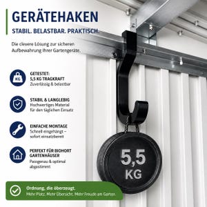 Op de afbeelding: Een zwarte metalen gereedschapshaak gemonteerd op een metalen rail, die een rond gewicht met het label 5,5 KG ondersteunt. De afbeelding bevat Duitse tekst: GERÄTEHAKEN, STABIL. BELASTBAR. PRAKTISCH., GETESTET: 5,5 KG TRAGKRAFT, STABIL & LANGLEBIG, EINFACHE MONTAGE, PERFEKT FÜR BIOHORT GARTENHÄUSER, Ordnung, die überzeugt.