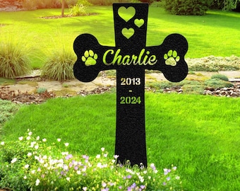 Custom Pet Metal  Memorial Stake, Dog Paw Prints Grave Marker, Cross Garden Stake for Loss of Pet, Dog Mom Gift, Dog Cat Loss Gift