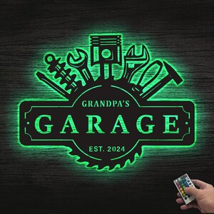 Custom Garage Metal Sign, Papas Work Shop Metal Sign Garage Sign, Garage Metal Wall Decor Led lights, Birthday Gift for Dad Christmas Gift