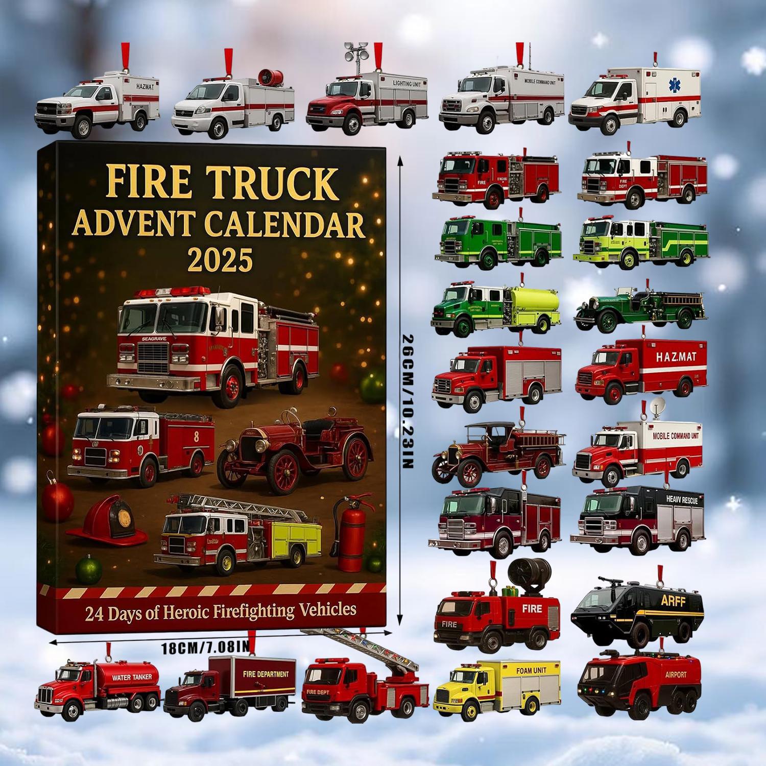 Discover Fire Truck Advent Calendar 2025, Firefighter Christmas Countdown Box, 24 Day Fire Truck Ornaments