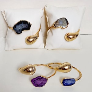 Raw Agate Cuff Bracelet, Adjustable Gold Plated Bangle with Natural  Crystal Slice, Boho Chic Handmade Jewelry for Women Gift, Birthday Gift