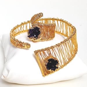 Amethyst Bracelet and Ring Set, Handmade Adjustable Gold Cuff Bracelet for Women, Wire Wrapped Natural Purple Crystal Healing,Birthday Gift