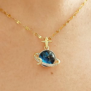 Moon & Saturn Celestial Necklace,  Saturn Pendant Necklace, Blue Space Moon Star Necklace with Zircon, Birthday Gifts, Gift for Girlfriend
