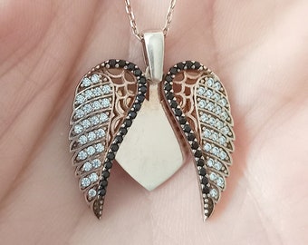 Old Vintage Angel Wing Necklace with Black Onyx, 925K Sterling Silver Openable Angel Wings with Heart Necklace, Mother's Day Gift