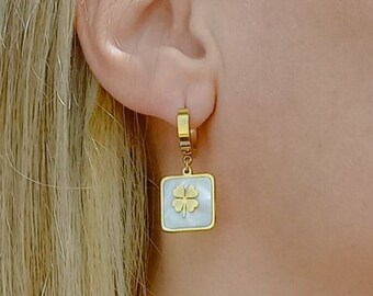 Clover Earring with Mother of Pearl, Four Leaf Clover Earrings, Clover Gold Huggie  Earrings, Good Luck Gifts, Pearl Anniversary Gift