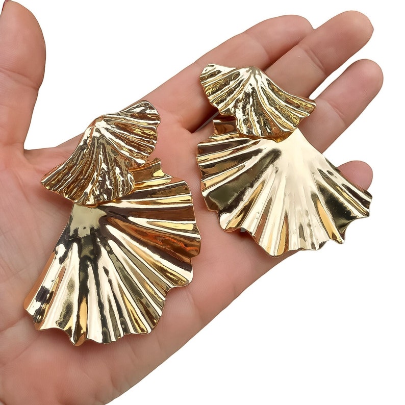 Ginkgo Biloba Leaf Brass Earrings, Large Gold Plated Earrings, Big Flower Dangle Earrings, Statement Earrings, Trendy Earring, Party Earring image 3