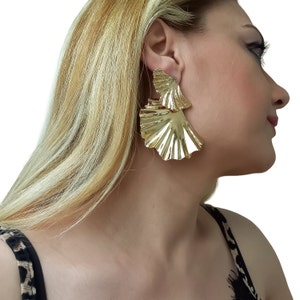 Ginkgo Biloba Leaf Brass Earrings, Large Gold Plated Earrings, Big Flower Dangle Earrings, Statement Earrings, Trendy Earring, Party Earring image 7