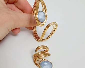 Natural Moonstone Brass Bangle Set: Adjustable Boho Cuff Bracelet