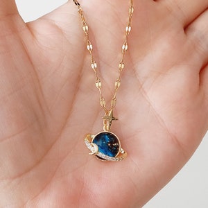 Moon & Saturn Celestial Necklaces , Saturn Pendant Necklace, Blue Space Moon Star Necklace with Zircon, Birthday Gifts, Mothers Day Gift zdjęcie 8