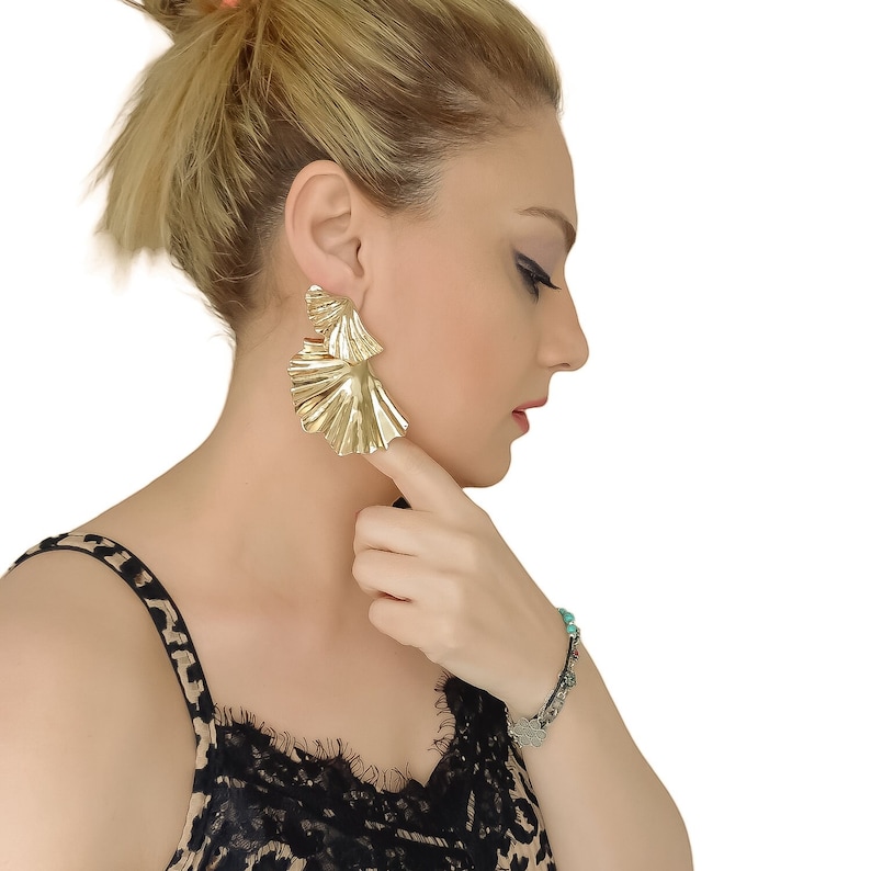 Ginkgo Biloba Leaf Brass Earrings, Large Gold Plated Earrings, Big Flower Dangle Earrings, Statement Earrings, Trendy Earring, Party Earring image 4