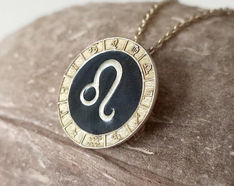 Old Vintage Leo Zodiac Necklace with Black Onyx , 925K Sterling Silver Astrology Birthstone Leo Pendant, Birthday Gifts, Mother's Day Gift